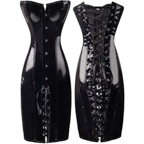 Sexy Red Black PVC Vinyl Gothic Corset Dress Special Long Waist Corsets and Bustiers Steampunk Overbust Shapewear Plus Size