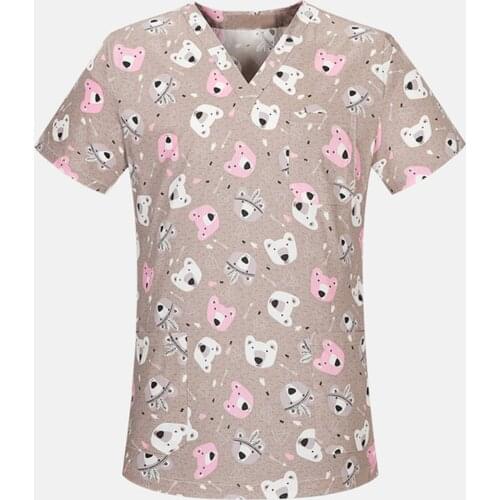 Nurse Uniform Tops Multicolor Cute Print Short Sleeve V-neck T-shirts Nursing Workwear for Women Size S-2XL Uniforme Enfermera