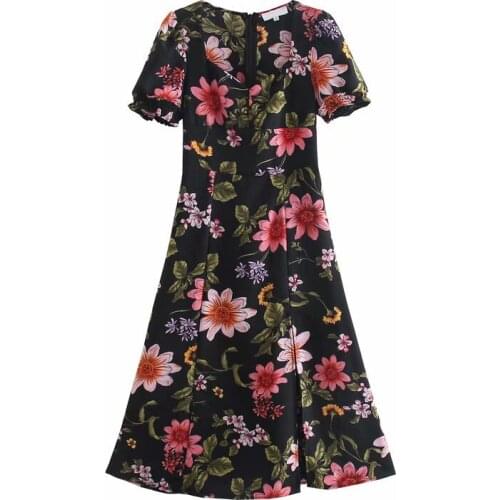 YENKYE Vintage Floral Print Sexy Slits Dress Women Short Sleeve V Neck A-line Midi Vestido Elegant Ladies Dress Summer Robe