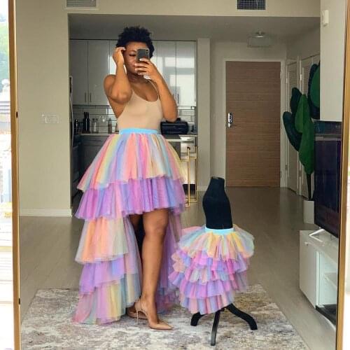 Mother And Daughter Colorful Tulle Skirts Summer Ruffles Tiered Rainbow Kid Skirt Fashion High Low Long Skirts Women Summer