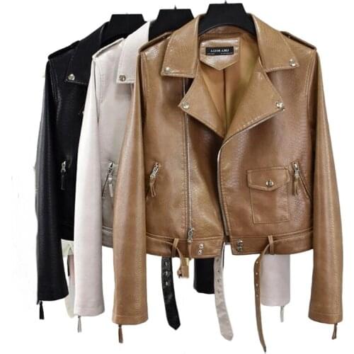 Womens Leather Jacket Studded Suit Collar Faux Leather Jacket Hem Belt Snakeskin Pattern Motorcycle Leather Outwear