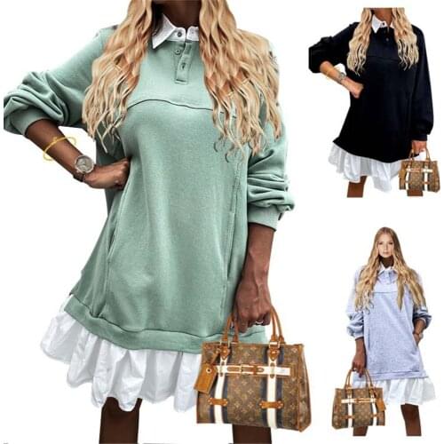 Women Turn Down Collar Shirt Patchwork Sweater Casual Dress Pockets Button Long Sleeve Dress 2020 Winter New Fashion Women Dress