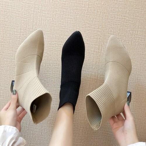 Womens Boots Pointed Toe Yarn Elastic Ankle Boots Thick Heel Woman Female Socks Boots 2019 Knitting O4-48