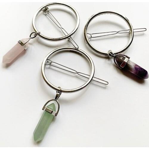 Women Girls Circle Small Hair Clips Metal Natural Stone Hexagon Prism Pendant Hairgrips Hair Ornaments Handmade Dropship 1 pc