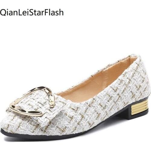Plus Size Women Flats Wool Plaid Slip on Shoes Low Heels Dress Shoes Woman Metal Baot Shoes Gold Heels zapatos mujer White
