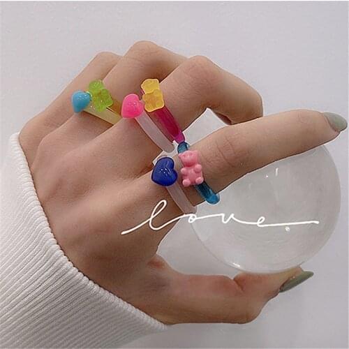 2PCS Heart Bear Shaped Resin Ring For Women Vintage Colorful Small Cute Acrylic Rings 2021 Statement Design Finger Plastic Ring