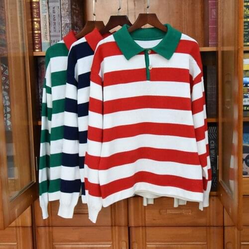 2020 Autumn Womens Loose Stripe sweaters High quality 100%Cotton pullover sweater tops C310