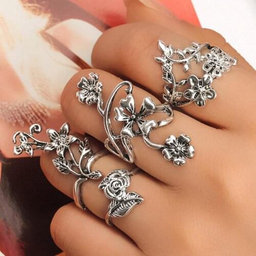 4Pcs Women Vintage Stereo Flower Leaves Midi Finger Knuckle Rings Set Jewelry 2020
