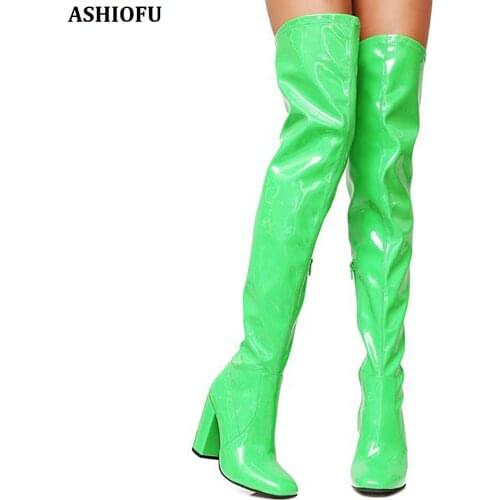ASHIOFU Handmade New ladies Block Heel Boots Party Prom Club Thigh High Boots Large Size Evening Fashion Winter Boots Shoes