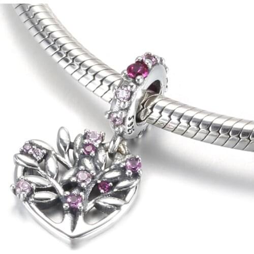 Authentic S925 Pendant Bead Family Forever Tree Dangle Charm fit Lady Bracelet & Bangle DIY Jewelry Pink CZ