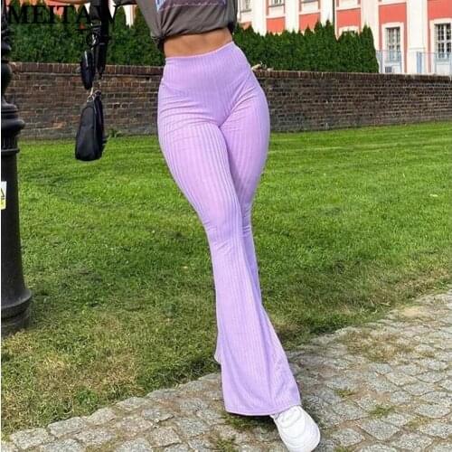 Women Slim Knitted Ribbed Flare Pants 90s High Waist Bodycon Trousers 2021 Vintage Y2K Aesthetic Bottoms Long Pants