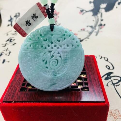 Zheru pure natural Jadeite carved light green retro dragon pattern blessing pendant with green bead chain sweater chain certific
