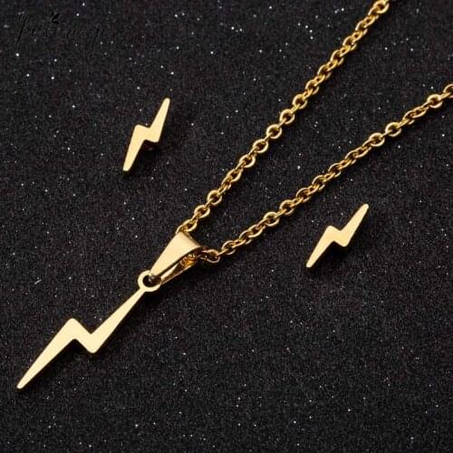 Jisensp Unique Lightning Stainless Steel Jewelry Sets Fashion Geometric Flash Charm Neckalce Earrings for Women Men Party Gift
