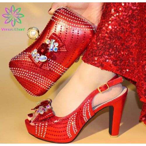 Red Fashion New Italian Shoes and Bags Matching Set Decorated with Rhinestone High Heels Pumps Women for Party