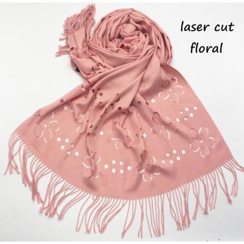 Hot sale winter fashion 2 sides laser cut floral cashmere-like solid tassels fringe Muslim hijab women scarf pashmina 5pcs/lot