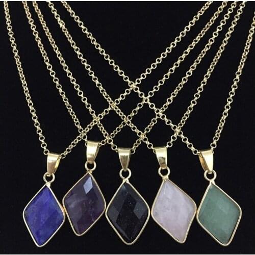 Trendy Rhombus Stone Necklace Crystal Healing Success Health Wealth Reiki Home Positive Energy Thumb Stones Pendant