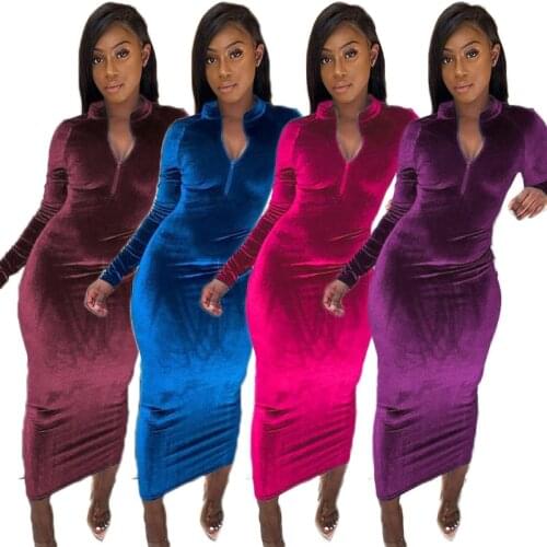 Women Solid Zippers V-Neck Bodycon Casual Dress Fall Long Sleeve Evening Party Midi Dress Fashion Velvet Ladies Dresses
