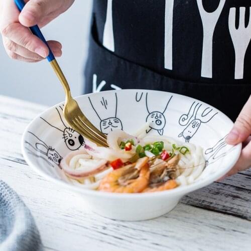 Ramen Bowl Ceramic Instant Noodles Large Household Japanese Tableware Salad Bucket Hat White Cartoon Cute Bowl Kitchen Tableware