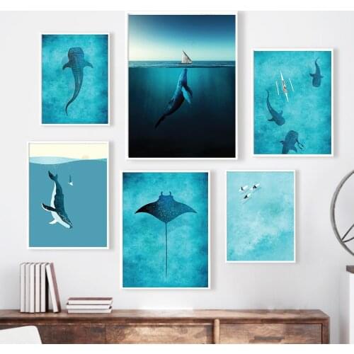 Blue Whale Shark Diver Sail Manta Rays Surf Sea Wall Art Canvas Painting Nordic Posters And Prints Wall Pictures Kids Room Decor