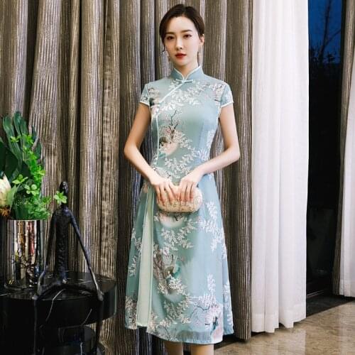 Spring/Summer 2020 Improved Ao Dai Front Slit Cheongsam Daily Retro Slim A-Line Silk Dress Freshing Long Classic Modern Qipao