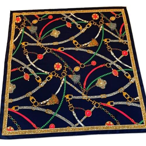 Pearl chain tassel Twill Silk Square Scarf Women Handmade Curled Brand Design Hijab Scarf Belt Print BandanaSun shawl BeachTowel