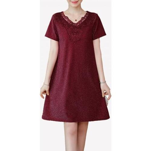 L-5XL Big Size Office Lady Embroidery Party Loose Short Sleeve Plus Size Wine Red Black Elegant Woman Summer Cocktail Dresses