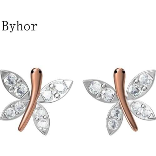 Byhor Solid 14K White/Yellow+White/Rose+White Gold 0.232ct H/SI Natural Diamond Fine Jewelry Wedding butterfly Earrings Cерьги