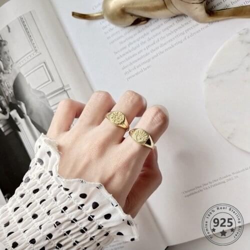 LouLeur 925 sterling silver Retro pattern open rings gold round square abstract pattern rings for women original jewelry charms