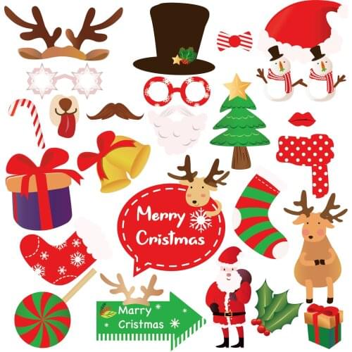 25pcs Merry Christmas Theme Party Decorations DIY Mr Mrs Photobooth Props Santa Claus Elk Happy New Year Party Favors