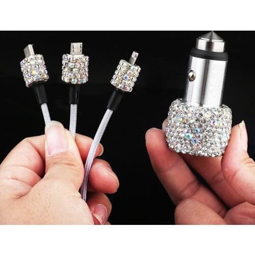 Dual USB Car Charger Bling Bling Handmade Rhinestones Crystal Car Decorations 3 in 1 Phone cable for Fast Charging