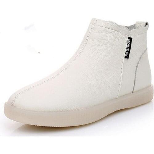New Autumn Winter Genuine Leather White Boots Casual Boots Large Size Soft Sole Comfort Flat Shoes Warm Snow Boots Womens Boots