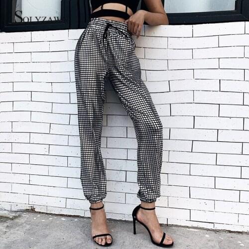 High Waist Streetwear Sliver and Black Plaid Colorblock Harem Pants Women Gothic Sexy Club Trousers Korean Checkerboard Joggers