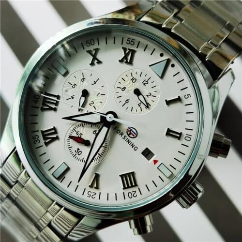 Forsining Self-winding White Dial Mens Mechanical watches For Men Wristwatches Multifunctional Display Stainless Steel Clock
