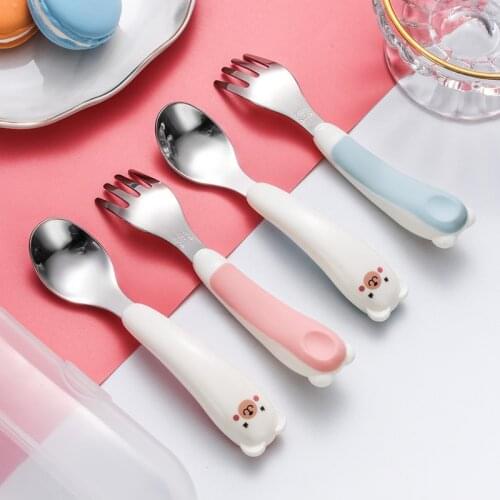 Baby Gadgets Tableware Set Children Utensil Stainless Steel Toddler Dinnerware Cutlery Cartoon Infant Food Feeding Spoon Fork