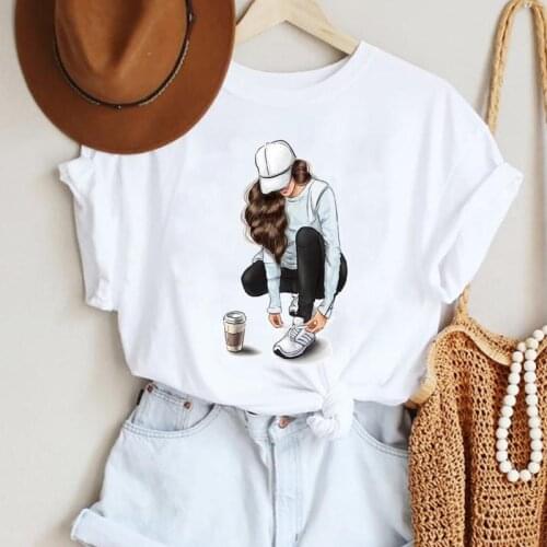 T-shirts Cartoon Printing Coffee Love Trend Clothes Women Casual Fashion Graphic Short Sleeve Tshirt Top Lady Female Tee