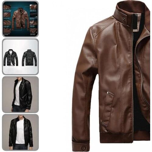 3D Cutting Classic Stand Collar Motorcycle Jacket Autumn Motorcycle Windbreaker Side Pockets for Party