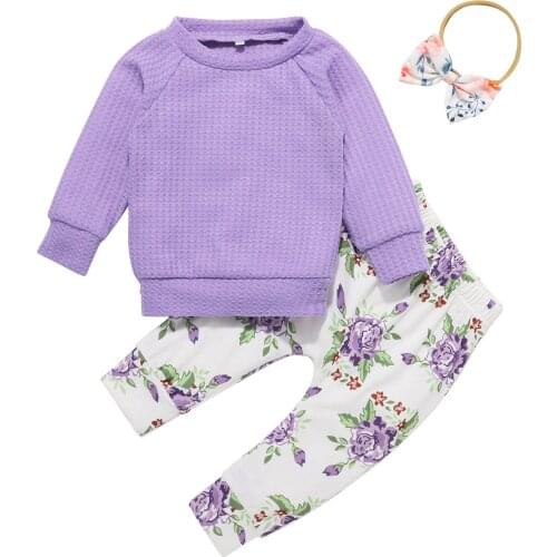 Newborn Baby Girls Clothes Solid Sweatshirt+Floral Print Pants+Headband Set Infant Clothing For Babies 6 12 18 24 Months