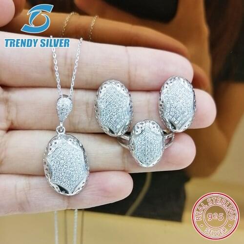 Complete pure 925 sterling silver zirconia clear CZ luxury jewelry set ring earrings for woman pendant necklace trendy design