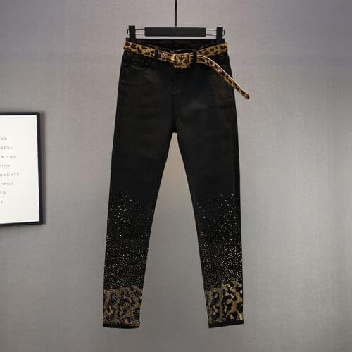 Leopard Rhinestone Jeans Womens 2021 Spring and Autumn New Elastic High Waist Slim Fit Black Denim Pencil Pants