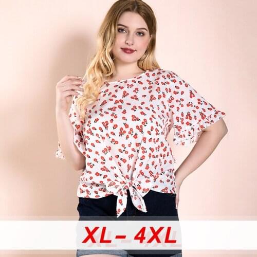 Summer Idyllic Flower Printed Short Flare Sleeve Blouses Women Bowknot Loose Casual Plus Size Floral Print Ladies Shirt Clothes