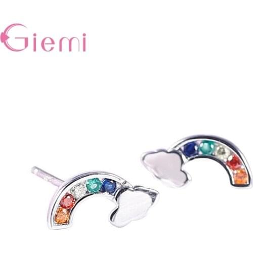 Fashion Sweet Genuine 925 Sterling Silver Cubic Zircon Rainbow Clouds Stud Earrings For Women Girls Trendy Fine Jewelry Gift