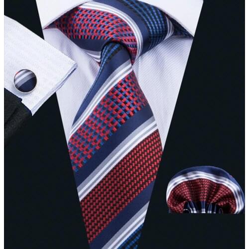 LS-1695 Barry.Wang 2017 Mens Tie Set Silk Gravata Blue Striped Necktie Hanky Cufflinks For Wedding Business Party Free Shipping