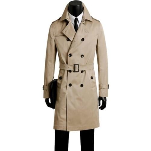 Mens trench coats khaki man long coat men double breasted clothes slim fit overcoat long sleeve spring autumn new designer