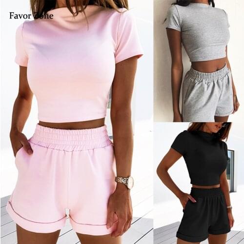 Solid Color Summer Two Piece Set Women Casual Sports Fitness Crop Top T-shirt Pockets Elastic Waist Shorts Outfits Womens suits