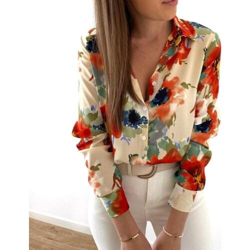 Autumn Floral Printed Shirts Women Casual Long Sleeve Turn-down Collar Shirts Elegant Loose Button Down Vintage Tunic Tees