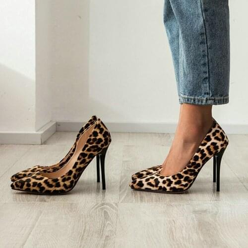 Sexy Spring Women Shoes Leopard Print PU Super High Heel Pointed Toe Ladies High Heels Wedding Shoes Single Shoes Large Size 43