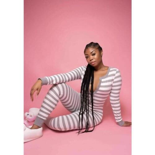 Hot Women Long Sleeve Button V Neck Striped Bodycon Party Stretchy One Piece Pajamas Autumn Nightwear Sleepwear Romper Jumpsuit