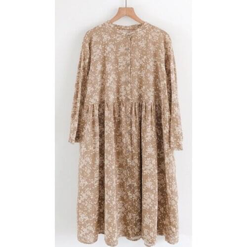 Autumn Women Dress Retro Cotton Linen dress A line Printing Loose Long-sleeved Vintage Fashion Women Robe