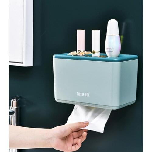 Green ABS Tissue Box Punch-free Wall Mount ABS Self Adhesive Easy To Use Tissue Holder For Bathroom Blue Large Bathroom Supplies