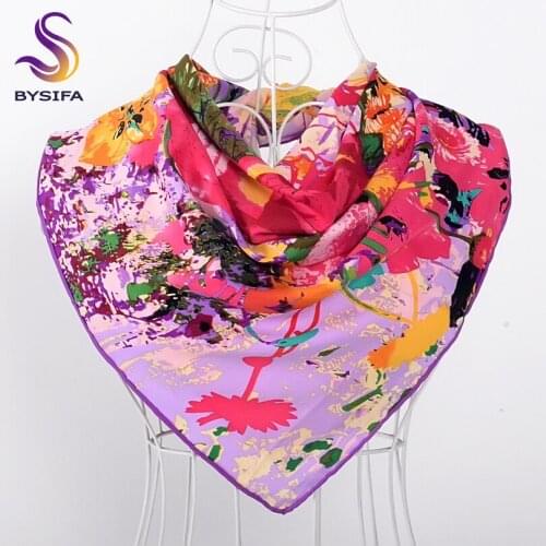 [BYSIFA] Ladies Twill Square Scarves Wraps Fashion Accessories Brand Women Purple Floral Pattern Mulsim Headscarves Silk Scarf